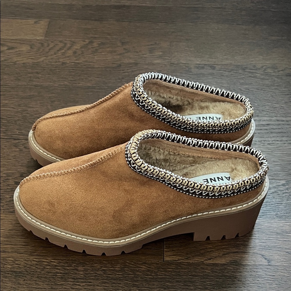 Anne Klein Brown Suede Mules with Chain Detail